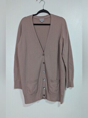 Pure Collection Size 18 Taupe 100% Cashmere Longline V-Neck Cardigan